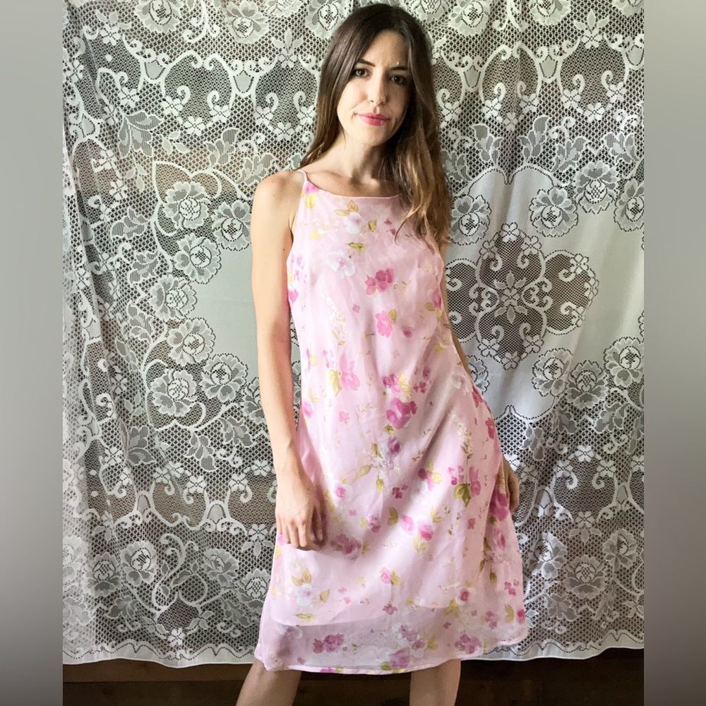 Vintage 90s Studio Y Sheer Slip Lined Floral Cottagecore Fairycore MIDI Dress